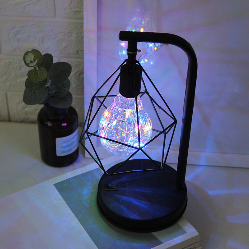 Kinderzimmer LED Nachtlicht Art Deco Schwarz Batterie Tischlampe mit Diamant Eisen Draht Käfig