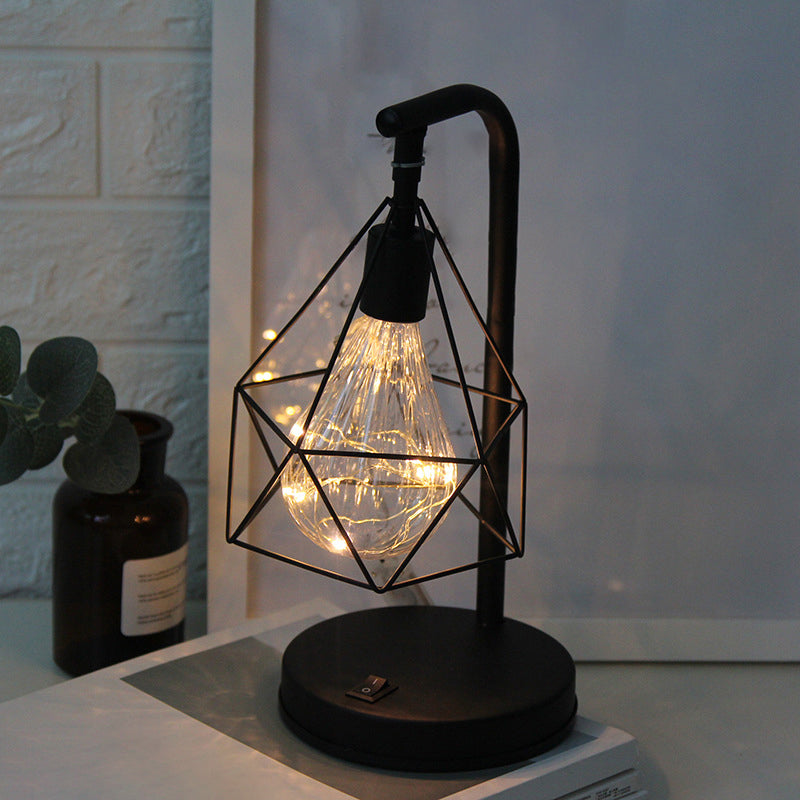 Kinderzimmer LED Nachtlicht Art Deco Schwarz Batterie Tischlampe mit Diamant Eisen Draht Käfig