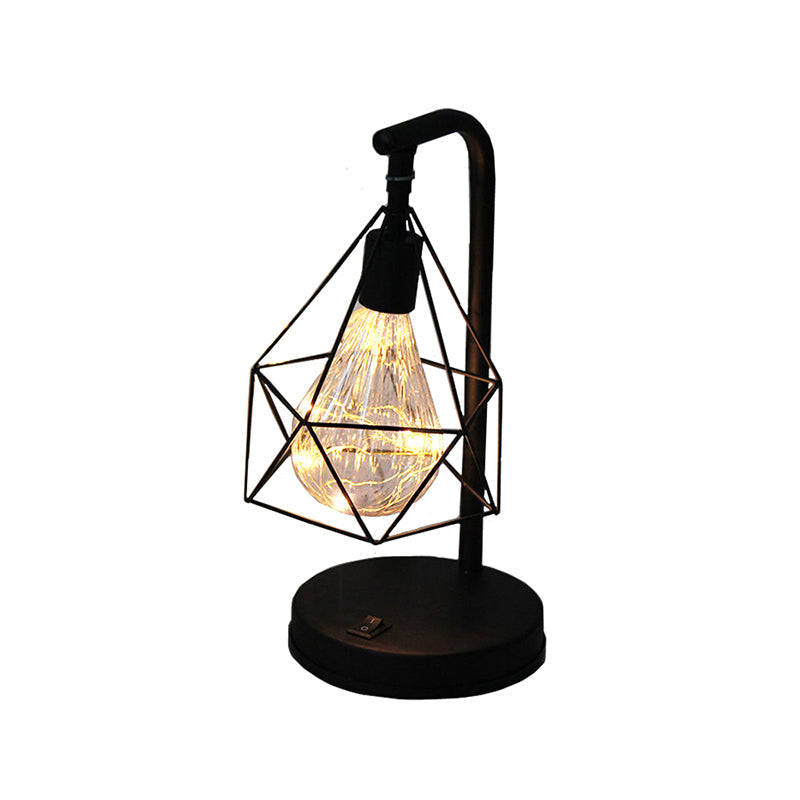 Kinderzimmer LED Nachtlicht Art Deco Schwarz Batterie Tischlampe mit Diamant Eisen Draht Käfig