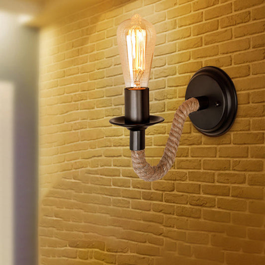 Frendorf | Einzelne gebogene Arm Wandlampe rustikales Braun Seil Wandleuchte Beleuchtung mit freiliegendem Glühbirnen-Design