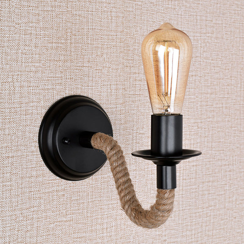 Frendorf | Einzelne gebogene Arm Wandlampe rustikales Braun Seil Wandleuchte Beleuchtung mit freiliegendem Glühbirnen-Design
