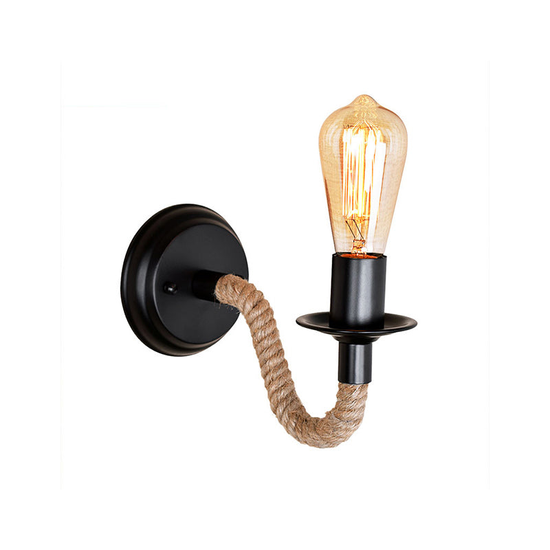 Frendorf | Einzelne gebogene Arm Wandlampe rustikales Braun Seil Wandleuchte Beleuchtung mit freiliegendem Glühbirnen-Design