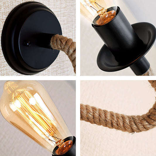 Frendorf | Einzelne gebogene Arm Wandlampe rustikales Braun Seil Wandleuchte Beleuchtung mit freiliegendem Glühbirnen-Design