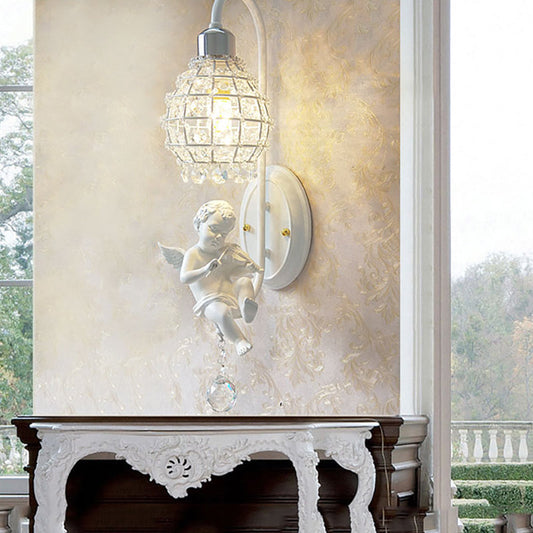 Frendorf | 1 Licht Wandscone Licht met Globe Kristal en Engel Decoratie Eenvoudige Corridors Wandmontage Licht in Wit