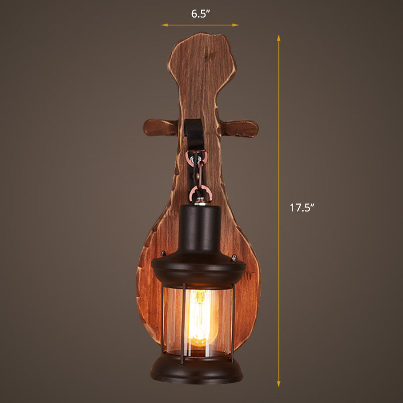 Frendorf | Nautical Novelty Guitar Wall Light Fixture 1-Light Wooden Sconce mit Laterne Lampenschirm
