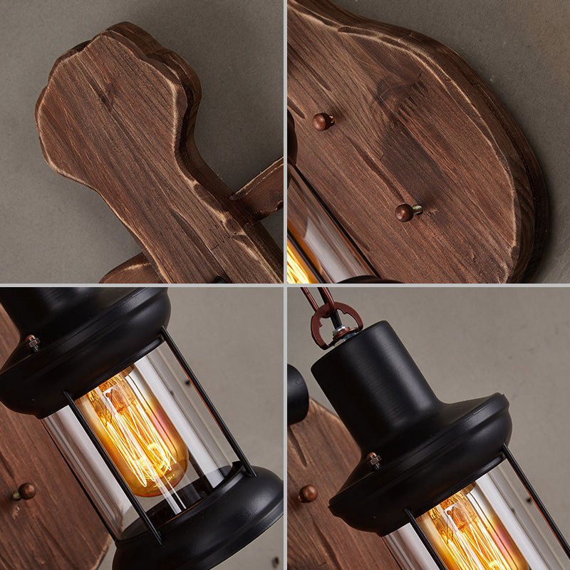 Frendorf | Nautical Novelty Guitar Wall Light Fixture 1-Light Wooden Sconce mit Laterne Lampenschirm