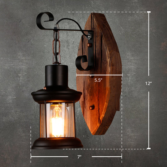 Frendorf | 1-Bulb Lantern Wandleuchte Küstenholz und Schwarz Klarglas Wandlampe für Flur