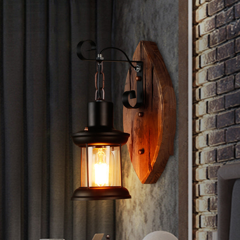 Frendorf | 1-Bulb Lantern Wandleuchte Küstenholz und Schwarz Klarglas Wandlampe für Flur