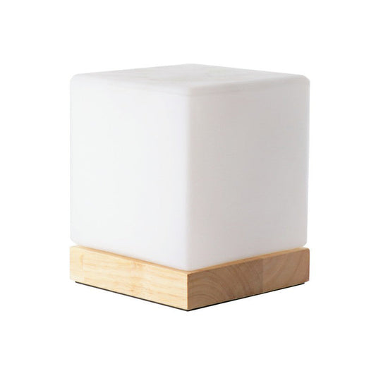 Cubic Mini Nachtlicht Nordisch Weißes Glas 1 Kopf Schlafzimmer Tischlampe mit Holzsockel
