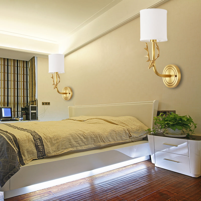 Frendorf | Metalen Elchen Wandleuchte Rustiek 1/2 Licht Woonkamer Wandmontage Lamp in Zwart/Goud met Cilindrische Stoffenkap