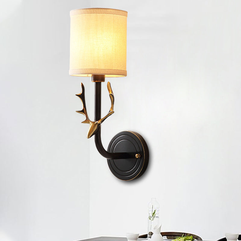 Frendorf | Metalen Elchen Wandleuchte Rustiek 1/2 Licht Woonkamer Wandmontage Lamp in Zwart/Goud met Cilindrische Stoffenkap