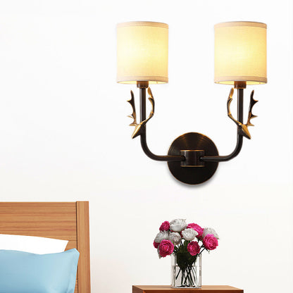 Frendorf | Metalen Elchen Wandleuchte Rustiek 1/2 Licht Woonkamer Wandmontage Lamp in Zwart/Goud met Cilindrische Stoffenkap