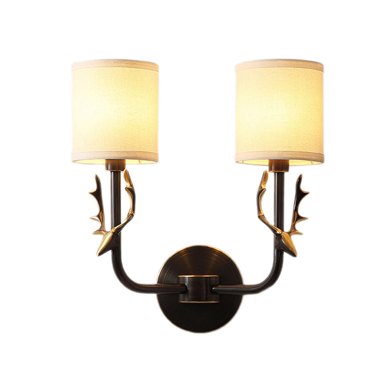 Frendorf | Metalen Elchen Wandleuchte Rustiek 1/2 Licht Woonkamer Wandmontage Lamp in Zwart/Goud met Cilindrische Stoffenkap