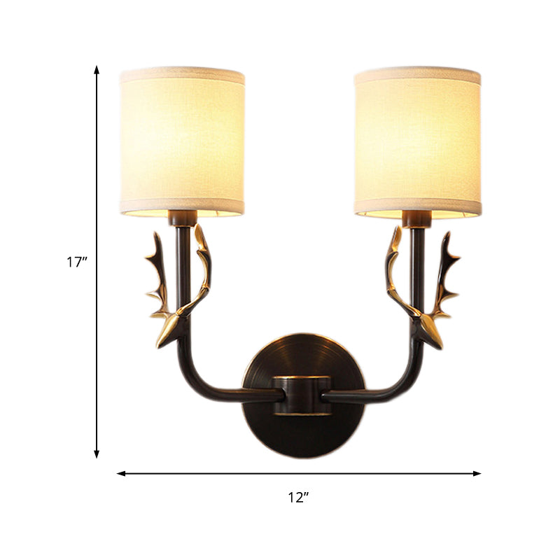 Frendorf | Metalen Elchen Wandleuchte Rustiek 1/2 Licht Woonkamer Wandmontage Lamp in Zwart/Goud met Cilindrische Stoffenkap
