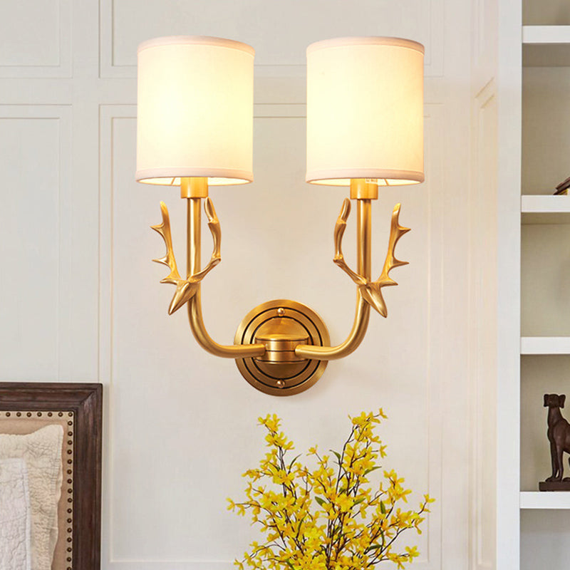 Frendorf | Metalen Elchen Wandleuchte Rustiek 1/2 Licht Woonkamer Wandmontage Lamp in Zwart/Goud met Cilindrische Stoffenkap