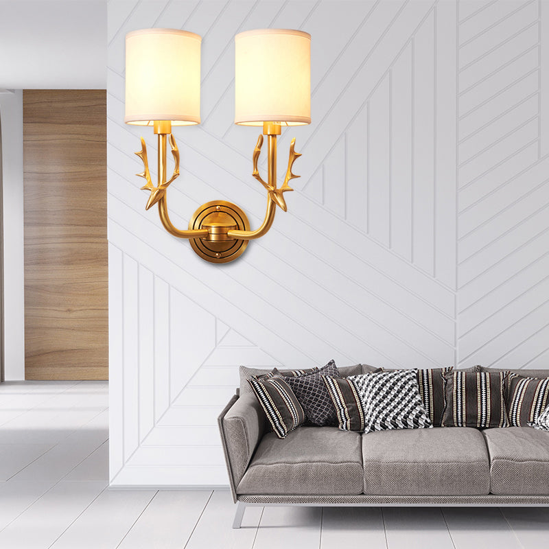 Frendorf | Metalen Elchen Wandleuchte Rustiek 1/2 Licht Woonkamer Wandmontage Lamp in Zwart/Goud met Cilindrische Stoffenkap