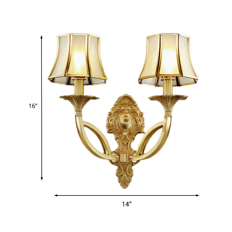 Frendorf | 1/2-Licht Frosted Glas Wandlamp Traditionelle Messing Paneled Glocke Wohnzimmer Wandlampe mit Gewundenem Arm