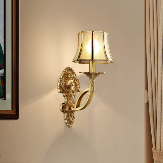 Frendorf | 1/2-Licht Frosted Glas Wandlamp Traditionelle Messing Paneled Glocke Wohnzimmer Wandlampe mit Gewundenem Arm