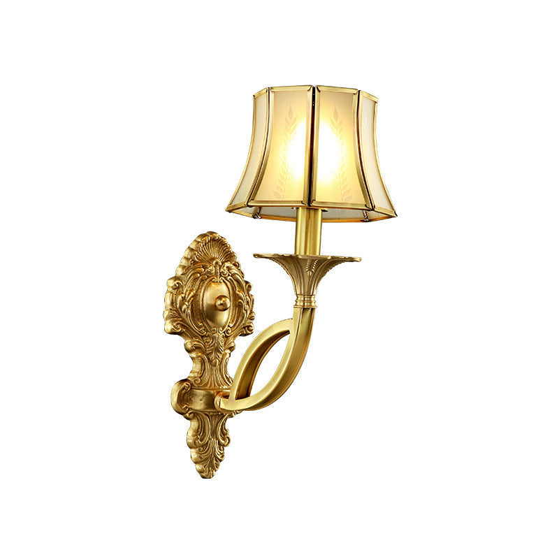 Frendorf | 1/2-Licht Frosted Glas Wandlamp Traditionelle Messing Paneled Glocke Wohnzimmer Wandlampe mit Gewundenem Arm