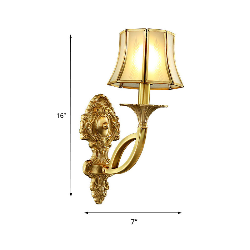 Frendorf | 1/2-Licht Frosted Glas Wandlamp Traditionelle Messing Paneled Glocke Wohnzimmer Wandlampe mit Gewundenem Arm