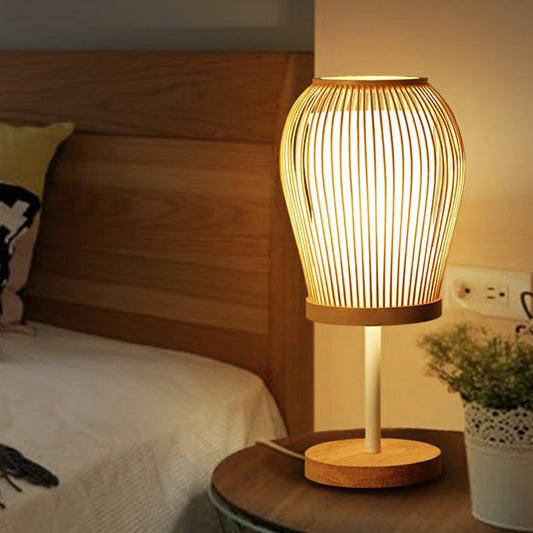 Holzkäfig Nachtlampe Nordisch Einzel-Glühbirne Bambus Tischlicht mit Stoff-Innenschirm