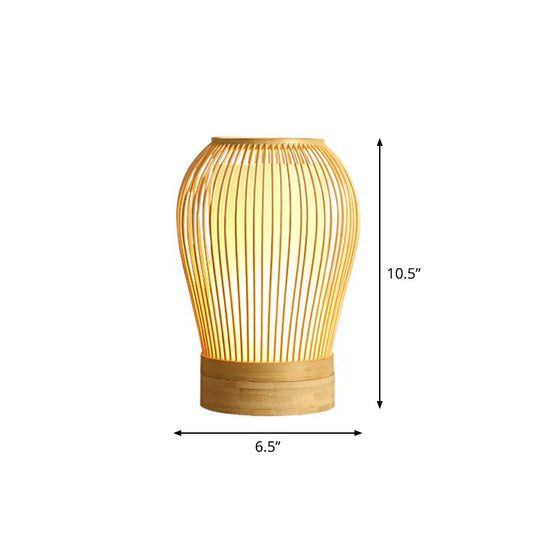 Holzkäfig Nachtlampe Nordisch Einzel-Glühbirne Bambus Tischlicht mit Stoff-Innenschirm