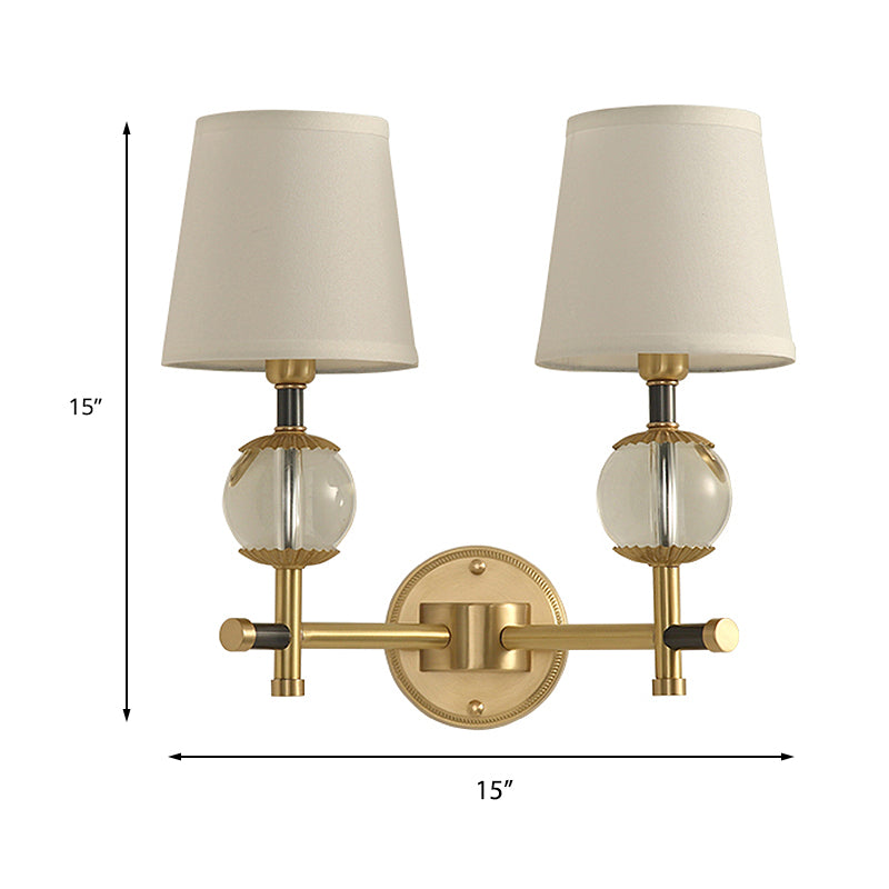 Frendorf | Gold konische wandmontage lamp traditionele witte stof 1/2 hoofden entree wandlamp met kristallen bal