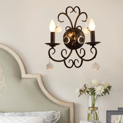 Frendorf | Metalen Zwarte Wandlamp Kandelaar 2-Licht Rustieke Wandverlichting voor Eetkamer met Helder Kristallen Bal