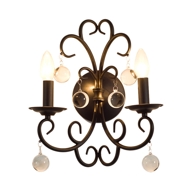 Frendorf | Metalen Zwarte Wandlamp Kandelaar 2-Licht Rustieke Wandverlichting voor Eetkamer met Helder Kristallen Bal