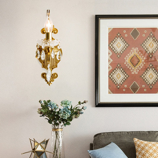 Frendorf | 1/2 Licht Metallene Wandlampe Vintage Gold Kerze Wohnzimmer Wandleuchte Beleuchtung Armatur mit Kristall Drapierung