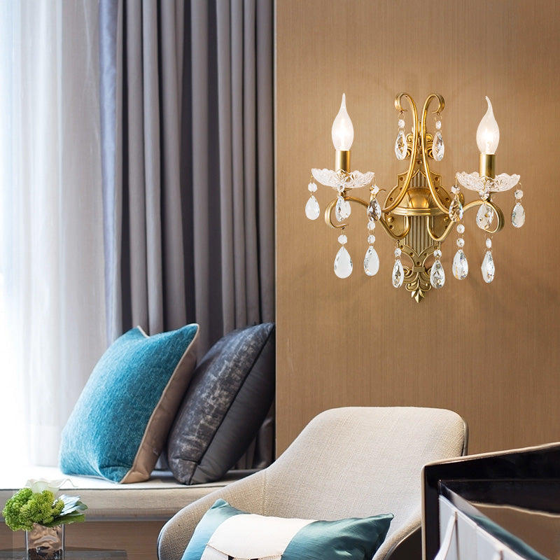 Frendorf | 1/2 Licht Metallene Wandlampe Vintage Gold Kerze Wohnzimmer Wandleuchte Beleuchtung Armatur mit Kristall Drapierung