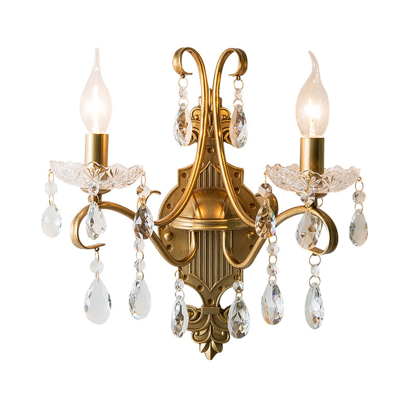 Frendorf | 1/2 Licht Metallene Wandlampe Vintage Gold Kerze Wohnzimmer Wandleuchte Beleuchtung Armatur mit Kristall Drapierung