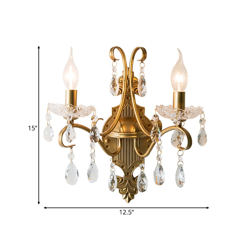 Frendorf | 1/2 Licht Metallene Wandlampe Vintage Gold Kerze Wohnzimmer Wandleuchte Beleuchtung Armatur mit Kristall Drapierung
