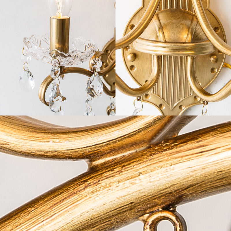 Frendorf | 1/2 Licht Metallene Wandlampe Vintage Gold Kerze Wohnzimmer Wandleuchte Beleuchtung Armatur mit Kristall Drapierung