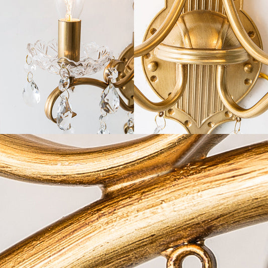 Frendorf | 1/2 Licht Metallene Wandlampe Vintage Gold Kerze Wohnzimmer Wandleuchte Beleuchtung Armatur mit Kristall Drapierung