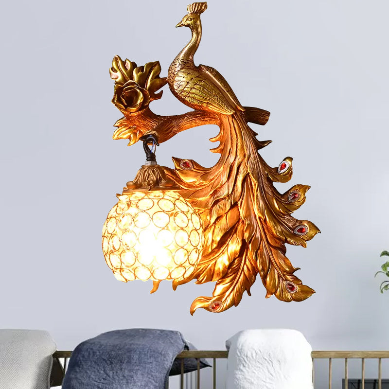 Frendorf | Pauw Slaapkamer Wandlamp Fixture Land Hars 1 Licht Groen/Goud Wandlamp met Orb Kristallen Schaduw, Links/Rechts
