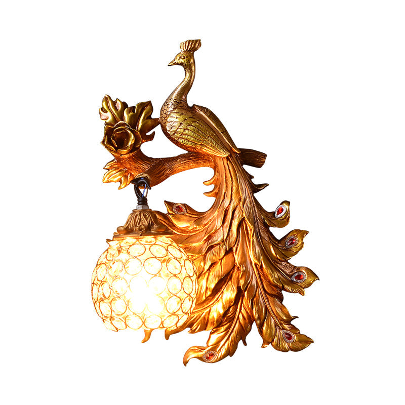 Frendorf | Pauw Slaapkamer Wandlamp Fixture Land Hars 1 Licht Groen/Goud Wandlamp met Orb Kristallen Schaduw, Links/Rechts
