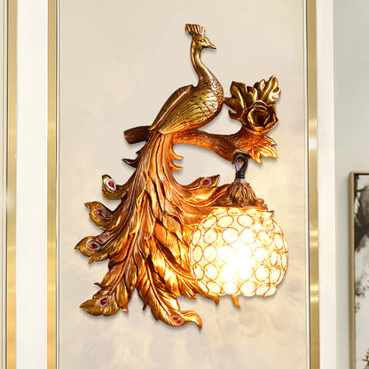 Frendorf | Pauw Slaapkamer Wandlamp Fixture Land Hars 1 Licht Groen/Goud Wandlamp met Orb Kristallen Schaduw, Links/Rechts