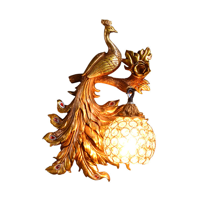 Frendorf | Pauw Slaapkamer Wandlamp Fixture Land Hars 1 Licht Groen/Goud Wandlamp met Orb Kristallen Schaduw, Links/Rechts