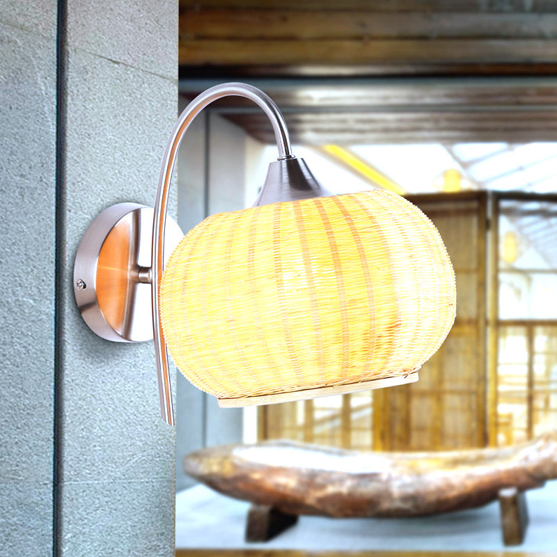 Frendorf | Rieten Ronde Trommel Wandlamp Moderne Stijl 1 Licht Chrome Afwerking Wandlamp met Metalen Gebogen Arm