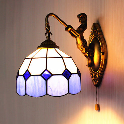 Frendorf | Dome Witte Glas Muurmontage Licht Barok 1 Hoofd 6"/8" Breed Blauwe Wandlamp met Trekschakelaar