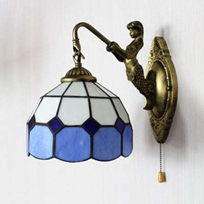 Frendorf | Dome Witte Glas Muurmontage Licht Barok 1 Hoofd 6"/8" Breed Blauwe Wandlamp met Trekschakelaar