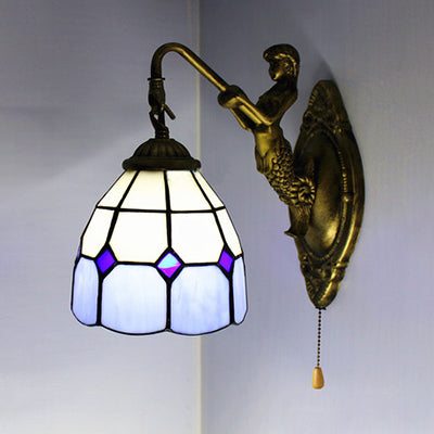Frendorf | Dome Witte Glas Muurmontage Licht Barok 1 Hoofd 6"/8" Breed Blauwe Wandlamp met Trekschakelaar