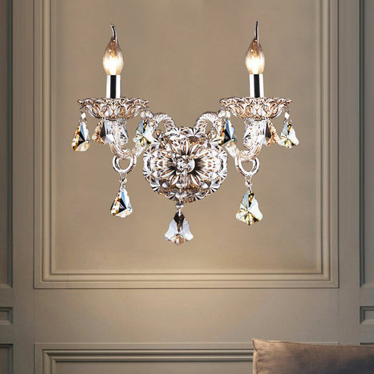 Frendorf | 2-Kopf Kerzen Wandlicht Traditionelle Cognac Kristall Wandlampe für Schlafzimmer