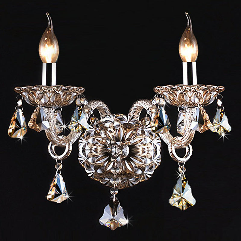 Frendorf | 2-Kopf Kerzen Wandlicht Traditionelle Cognac Kristall Wandlampe für Schlafzimmer
