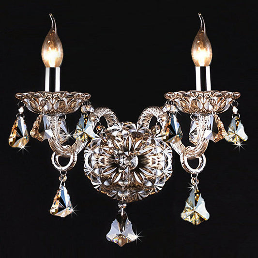 Frendorf | 2-Kopf Kerzen Wandlicht Traditionelle Cognac Kristall Wandlampe für Schlafzimmer