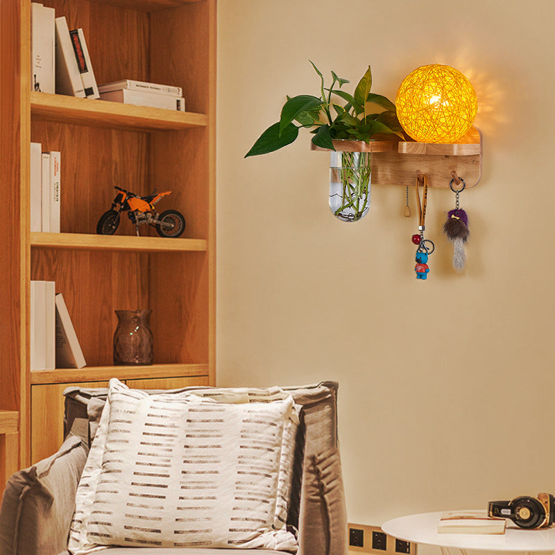 Frendorf | 1-Licht Rattan Wandleuchte Nordic Ball Wohnzimmer Wandleuchte mit Zugkette und Pflanzenpot