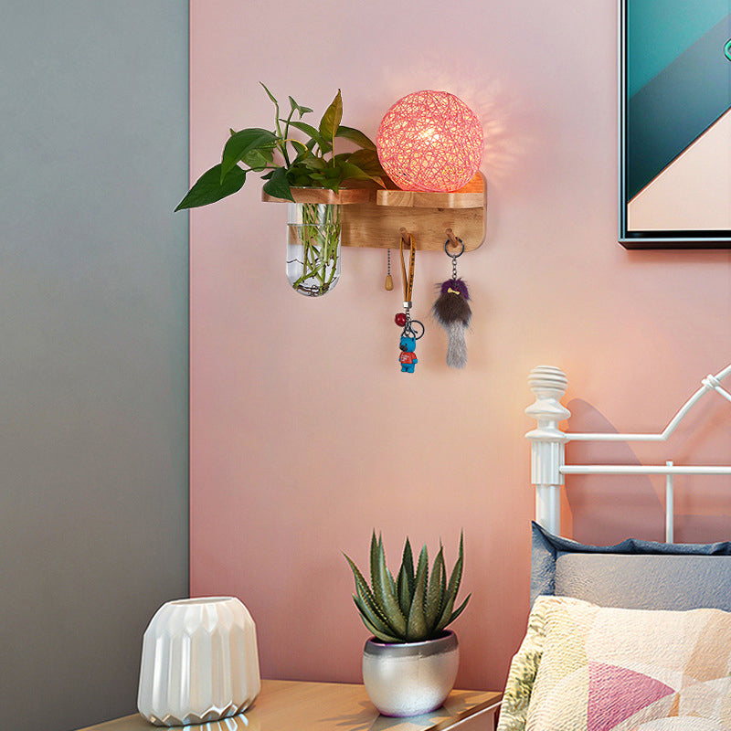 Frendorf | 1-Licht Rattan Wandleuchte Nordic Ball Wohnzimmer Wandleuchte mit Zugkette und Pflanzenpot
