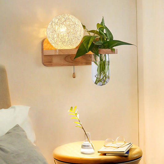 Frendorf | 1-Licht Rattan Wandleuchte Nordic Ball Wohnzimmer Wandleuchte mit Zugkette und Pflanzenpot