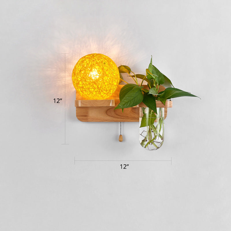 Frendorf | 1-Licht Rattan Wandleuchte Nordic Ball Wohnzimmer Wandleuchte mit Zugkette und Pflanzenpot